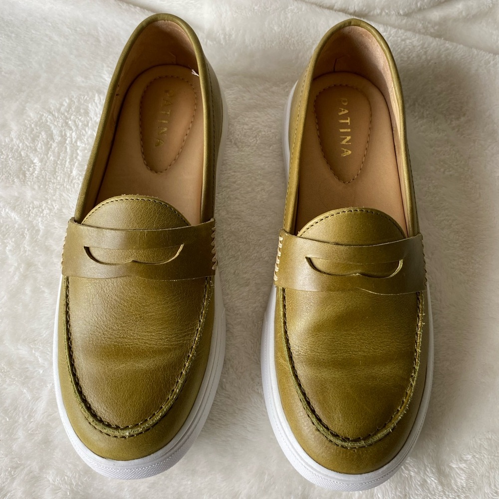 Olive Green Leather Penny Loafers for Women